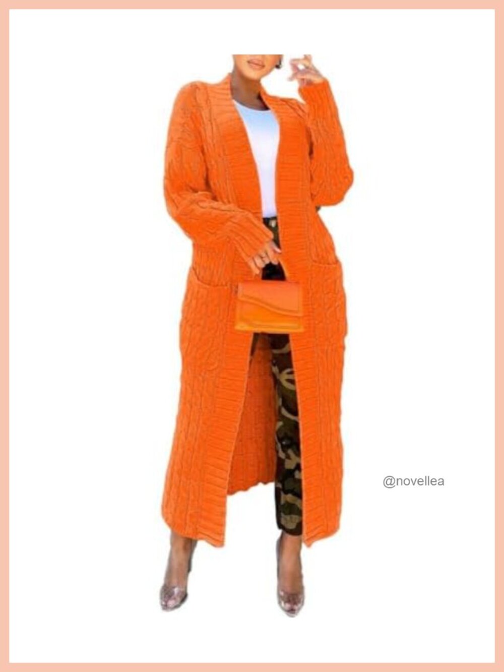 Cable Knit Open Front Cardigan Long Sleeve Floor Length Pockets Women Chunky